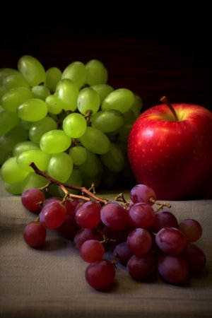 Still life with grapes and apple on wooden background. Selective focus. Toned.の素材