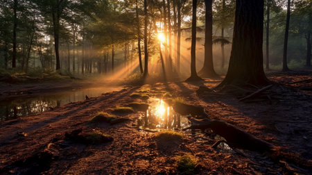 Sunset in the forest with fog and sunbeams, panoramaの素材