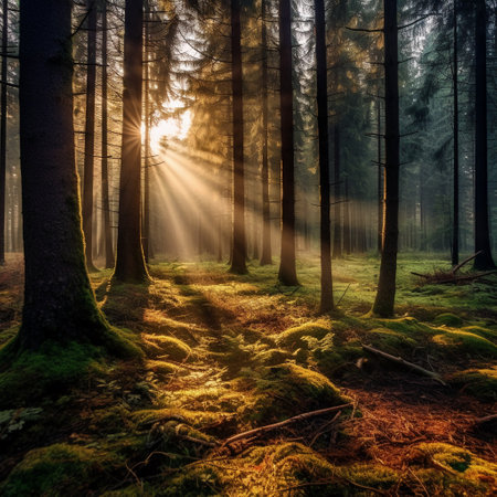 Mysterious forest with sun rays shining through the branches of treesの素材