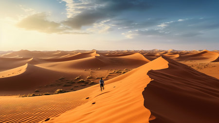 Man in the desert with sand dunes at sunset. 3d renderingの素材