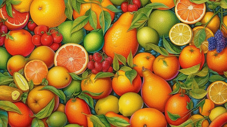 Fruit background with oranges, lemons, grapefruits and apples.の素材