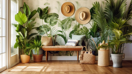 Interior of modern living room with tropical plants, sofa and straw hatの素材