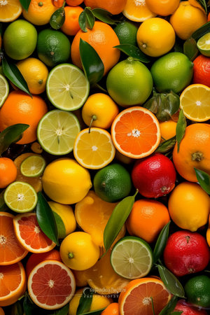Variety of citrus fruit including lemons, lines, grapefruits and oranges.の素材