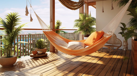 Hammock on the terrace overlooking the sea. 3d renderingの素材