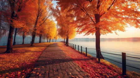 Autumn park on the lake with colorful trees in the morning.の素材