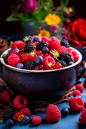 Fresh berries in a bowl on a wooden background. Selective focus.の素材