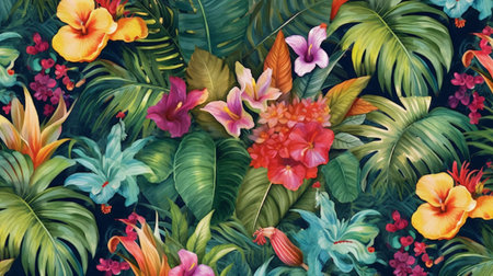 Tropical flowers and leaves background. Watercolor floral illustration.の素材