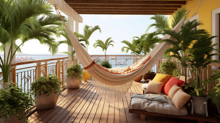 Hammock on the terrace overlooking the sea. 3d renderingの素材