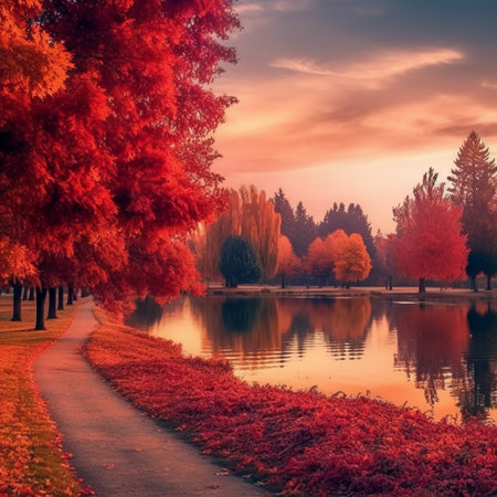 Beautiful autumn landscape with lake and colorful trees in the park.の素材