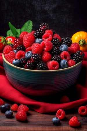 Mix of berries in a bowl on a wooden background. Selective focus.の素材