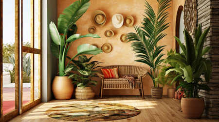 Interior of the living room with a sofa, plants and window. 3D renderingの素材