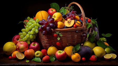 Fresh fruits and vegetables in a basket on a wooden table. Black background.の素材