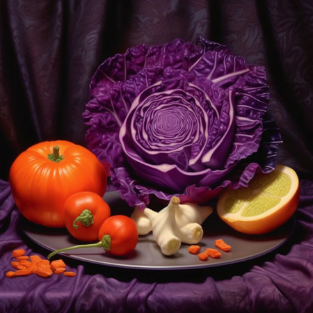 Still life with fresh vegetables and fruits on a purple cloth background.の素材