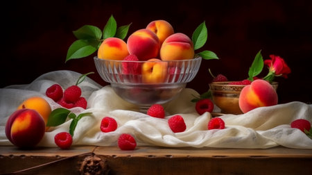 Ripe apricots and raspberries in a glass bowl on a wooden backgroundの素材