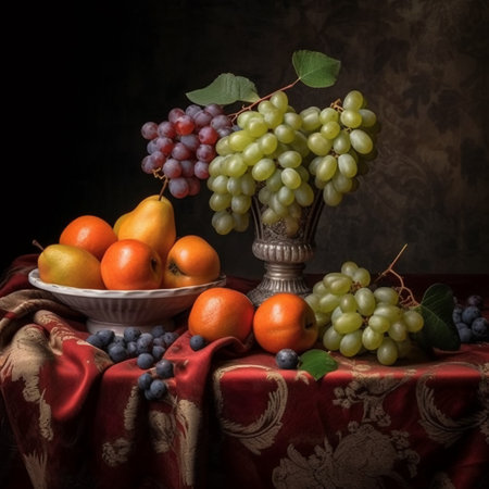 Still life with fruits on a dark background. Still life with fruits.の素材