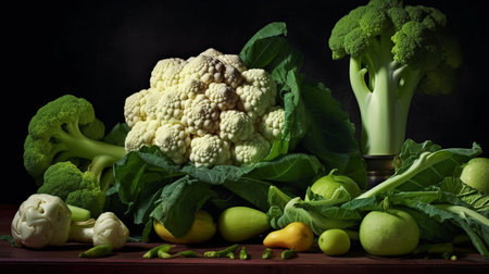 still life with cauliflower, apples, peppers, broccoli and other vegetablesの素材