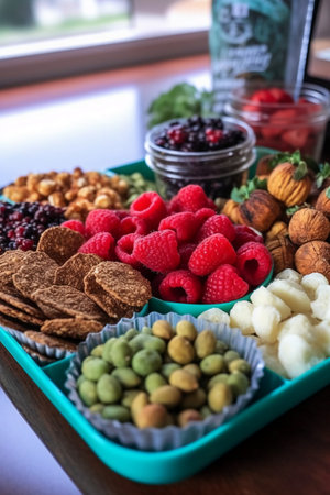 Healthy eating concept. Assortment of nuts and berries in lunch boxの素材