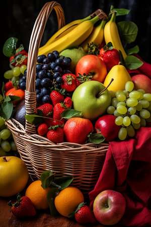Fresh fruits in a basket on a wooden background. Selective focus.の素材