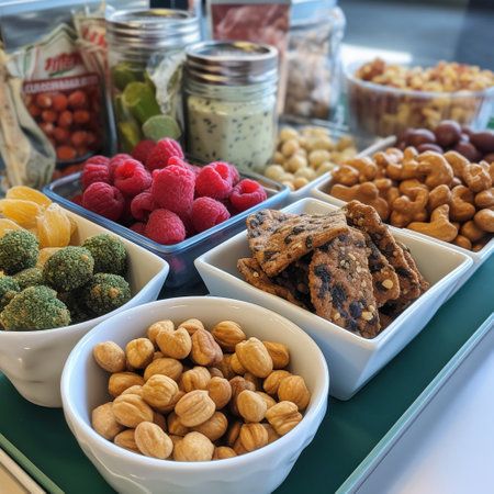Healthy snacks in bowls on a table, close-up.の素材