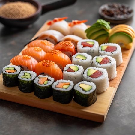 Sushi set on black stone background. Sushi roll with salmon, tuna, avocado, caviar, cream cheese, ginger, wasabi, soy sauce, wasabi and ginger.の素材