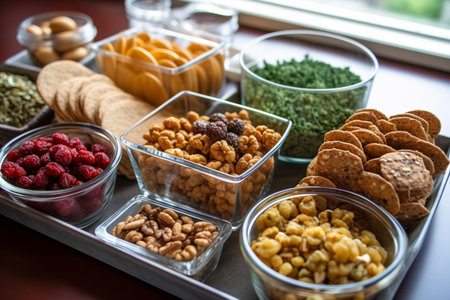 Assortment of dried fruit and nuts in glass bowls on the tableの素材