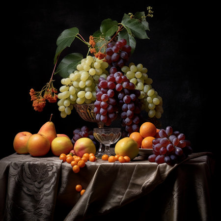 Still life with fruits and berries on a dark background, still lifeの素材