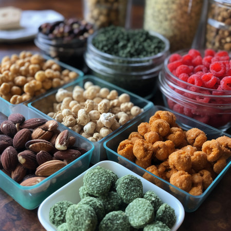 Assortment of nuts and dried fruits in plastic containers on wooden tableの素材