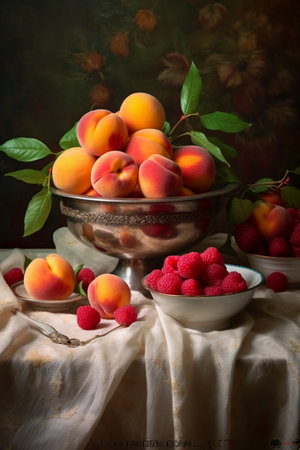 Still life with fresh ripe apricots and raspberries on a dark backgroundの素材
