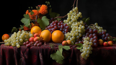 Still life with grapes, oranges and flowers on a black background.の素材
