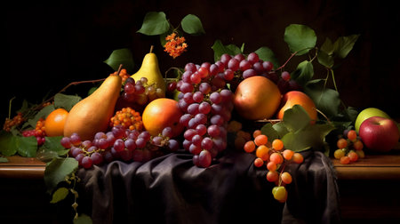 Still life with fruits on a wooden table. Dark background. Selective focus.の素材