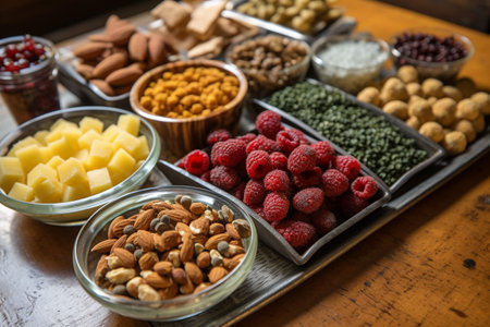 Healthy food selection including dried fruits, berries, nuts and superfoodsの素材