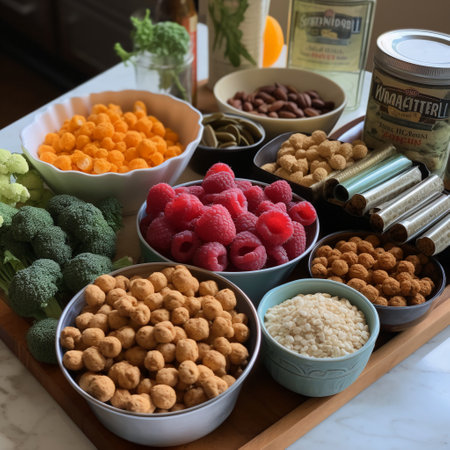 Healthy food selection in a wooden box with raspberries, cornflakes, oatmeal, cereals, fruit and vegetablesの素材