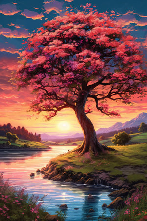 Beautiful fantasy landscape with a tree by the river. Digital painting.の素材
