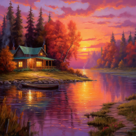 Wooden house on the bank of the river at sunset. Digital painting.の素材