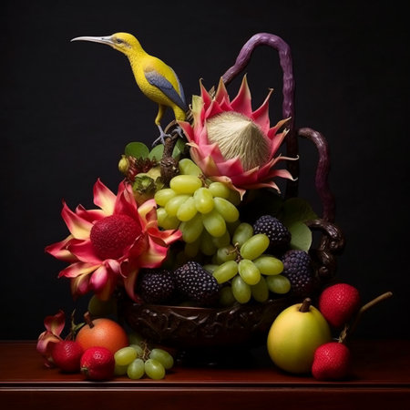 Still life with fruits in a basket and a bird on a black backgroundの素材