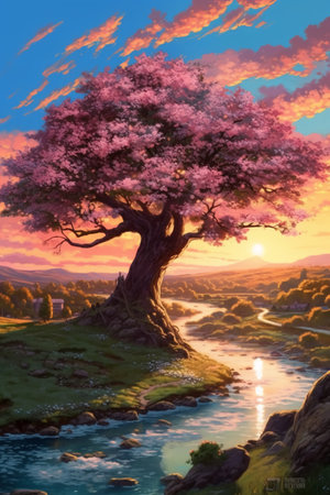 Beautiful pink sakura tree in the meadow at sunset.の素材
