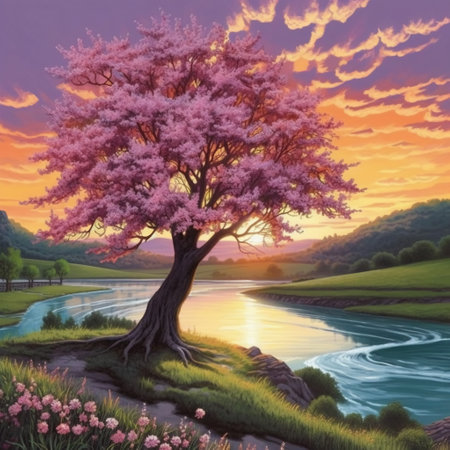 Beautiful spring landscape with a tree by the river. Digital painting.の素材