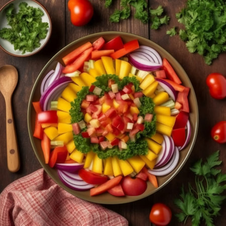 Vegetable salad in a bowl on wooden table, top viewの素材