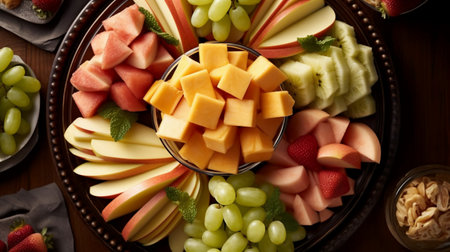 top view of delicious fruit salad with melon, grapes and nutsの素材