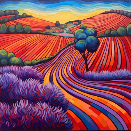 Beautiful landscape with hills, fields and trees. Colorful painting.の素材
