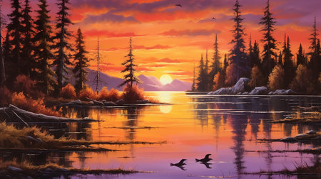 Mountain landscape with frozen river and forest at sunset. Digital paintingの素材