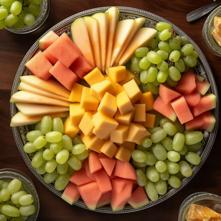 Plate with different fruits on wooden table, top view. Healthy eatingの素材