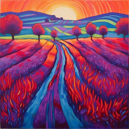 Beautiful autumn landscape with fields and trees. Colorful painting.の素材