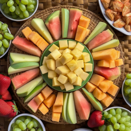 Fruit platter with melon, cantaloupe, melon, grape and crackersの素材