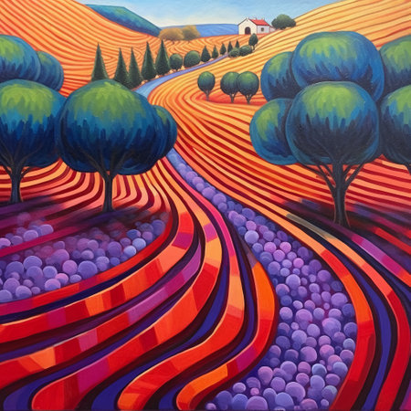 Painting of a lavender field in the hills of Tuscanyの素材
