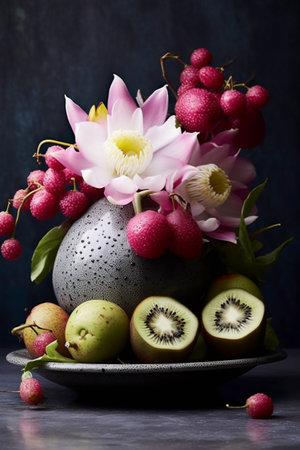 Fruit bouquet in a vase on a dark background.の素材