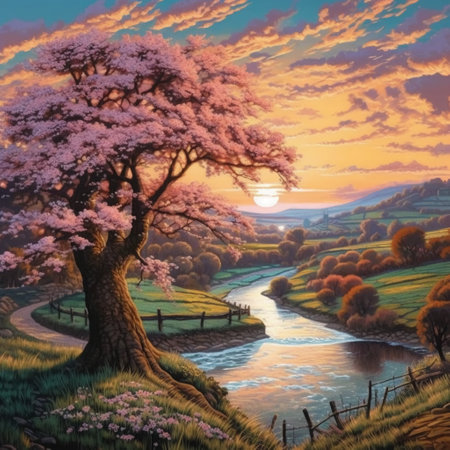 Cherry blossoms on a hillside with a river in the backgroundの素材
