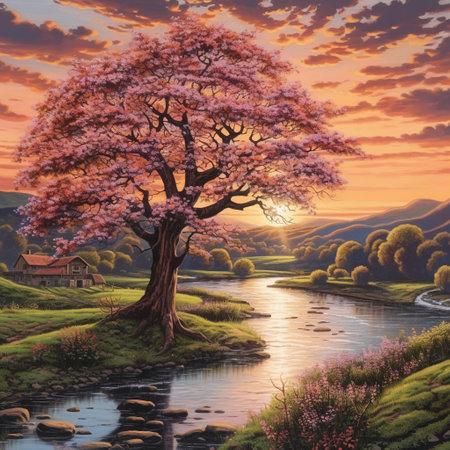 Beautiful spring landscape with blooming sakura tree on the bank of the riverの素材