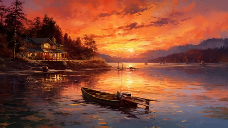 Fishing boat on the lake at sunset. Landscape painting.の素材