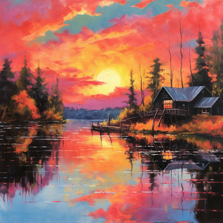 Sunset on the lake. Watercolor painting on canvas. Landscape.の素材